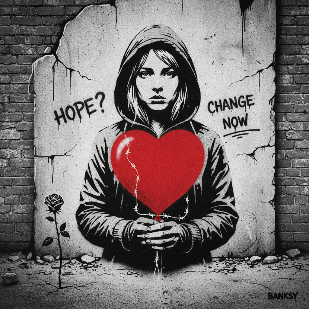 Generate a front facing young women in the style of Banksy