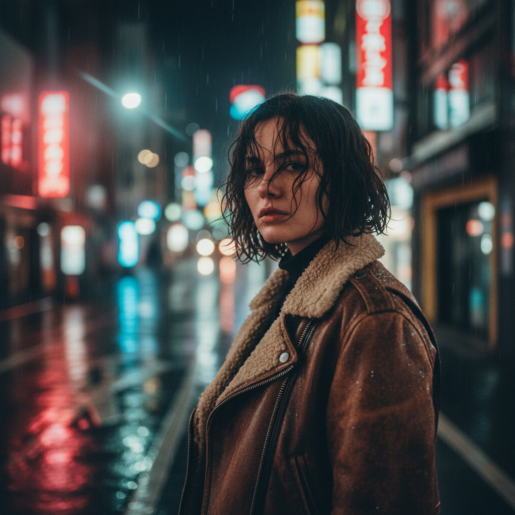 Portrait of a young woman with short dark hair, wearing a vintage leather jacket, standing on a rainy Tokyo street at night, surrounded by neon reflections. Cinematic photography style, 35mm film grain, dramatic lighting, shallow depth of field, ultra realistic, 8k.