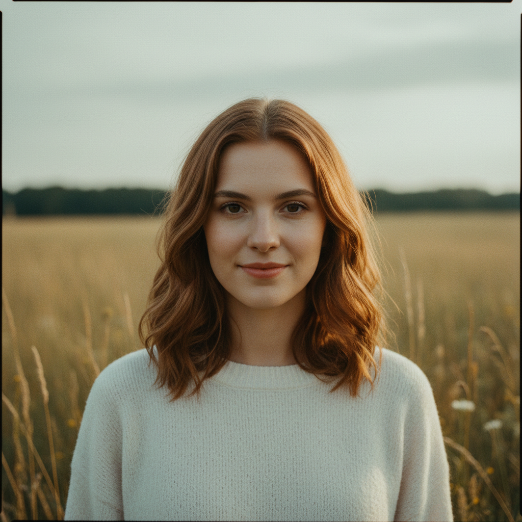 Generate a front facing young women shot on Kodak Portra 400