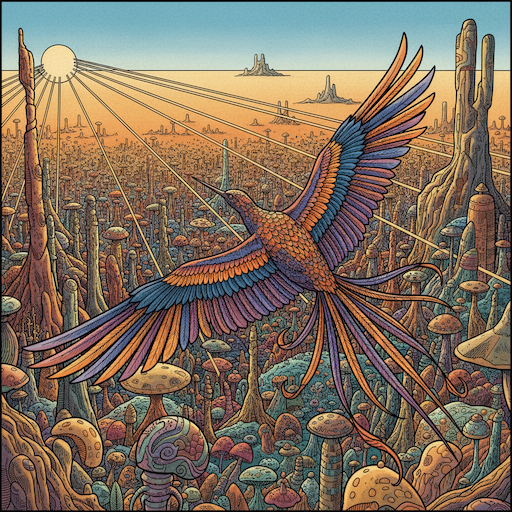 drawing of a paradise bird flying over a forest